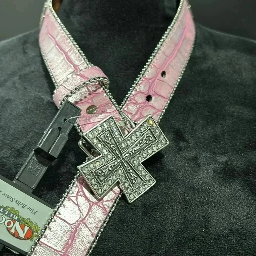 Nocona Genuine Leather lining, pink croc pattern,silver/rhinestone cross buckle